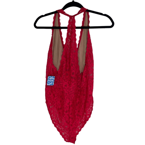 Free People Intimately Avery Red Floral Lace Plunging Racerback Bodysuit Size L - Picture 3 of 6