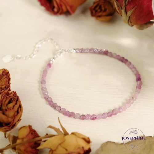 Minimalist Dainty Beads Gemstone Bracelet in Sterling Silver, Kunzite Purple - Picture 2 of 4