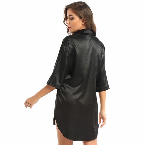 Damen Satin Schlafshirts Nachthemd Knopfleiste Seide Pyjama 3/4 Arm Nachtwäsche - Bild 12 von 94