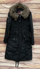 Khujo Ellen Long Fitted Quilted Parka Coat Size L 12 Fur Trim Hood