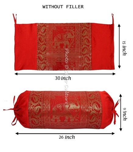 Red Bolster Cover Brocade Jacquard Gypsy Handmade Tribal Ethnic Hippie Pillow - Picture 4 of 7