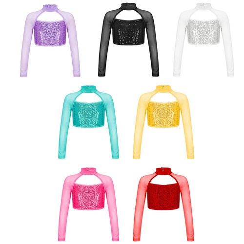 Girls Long Sleeve Dance Crop Top Sequins T-Shirt Ballet Jazz Hip Hop Dancewear - Picture 3 of 77