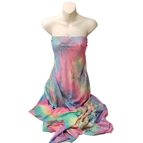 Sheer Tie Dye Rainbow Bright Color Gradient Mesh with Silver Lurex Snake Scales - Picture 7 of 9