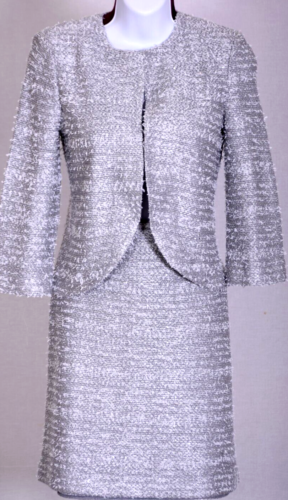 NWT ST.JOHN Womens Gray Silver Sequins Metallic Shimmer Jacket Skirt Sz 10-12