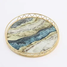 11.8" round Decorative Tray for Coffee Table, Modern Marbling Metal Serving Tray