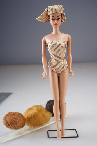 Vintage 1963 Barbie Fashion Queen Doll W/ Swimsuit & Headpiece, and 3 Wigs VG+