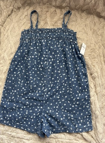Gap Girls Romper Shorts jeans denim knit  flowers Chambray Size large NWT - Picture 1 of 7