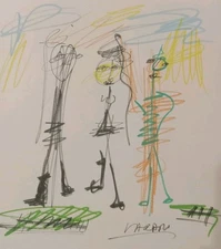 ORIGINAL VINTAGE OOAK ABSTRACT EXPRESSIONISM CUBIST STICK FIGURE INK DRAWING 