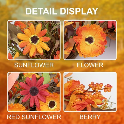 J'FLORU Artificial Fall Wreath 22 Inch Autumn Wreaths for Front Door Orange Dais - Bild 6 von 7