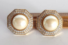 RARE Vintage St John Faux Pearl Clear Rhinestone Statement Runway Clip Earrings