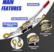 Come along Winch 2T Pulling Capacity 7FT Steel Cable 2 Hooks Heavy Duty Ratchet
