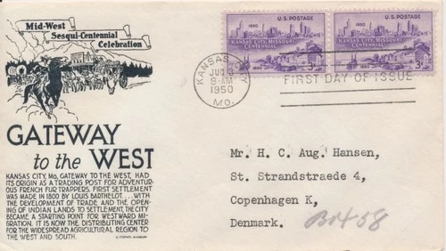 #994 Kansas City Missouri Centennial Anderson cachet First Day cover to Denmark