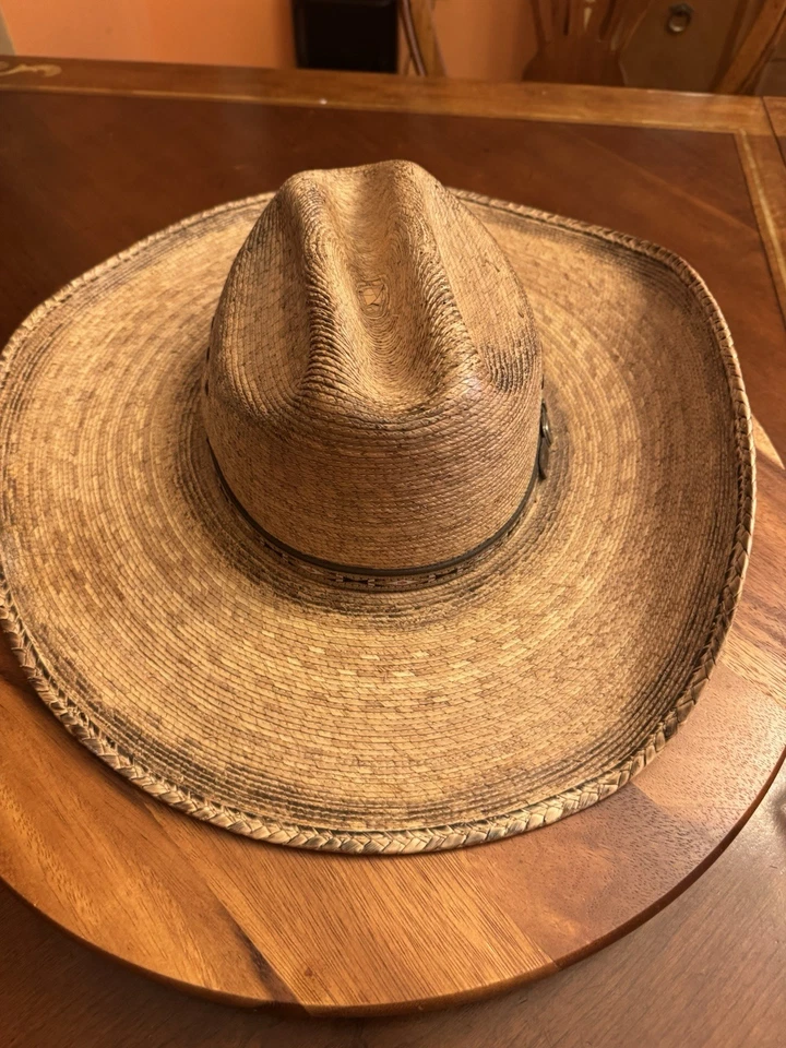 Sombrero de Paja Duro Justin Bent Rail Vaquero Western Talla 7 1/4 Banda de Cuero Tostado Foto 2 de 4