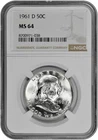 1961 D 50C BU Silver Franklin Half Dollar NGC Graded MS 64 White Coin