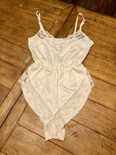 Vtg 70s 80s Ivory Nylon Lace High Cut Teddy Bodysuit Romper Lingerie Medium