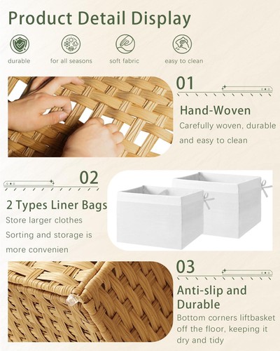 Storage Basket with Lid Rattan Woven 65L-22L * 13W * 13.8H, Natural - Picture 3 of 7