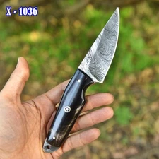 Custom Damascus Steel Fix Blade knife - Tactical Skinner - Bull Horn Handle