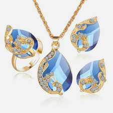 Gold Plated Blue Teardrop Crystal Jewelry Set Necklace Pendant Ring  Earrings