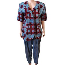 Women's African Short Sleeve Top And Harem Pant Set Red Blue Large