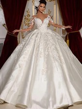 Wedding Dress Satin With  Embroidery Lace Princess Ball Gown O-Neck Full Sleeve