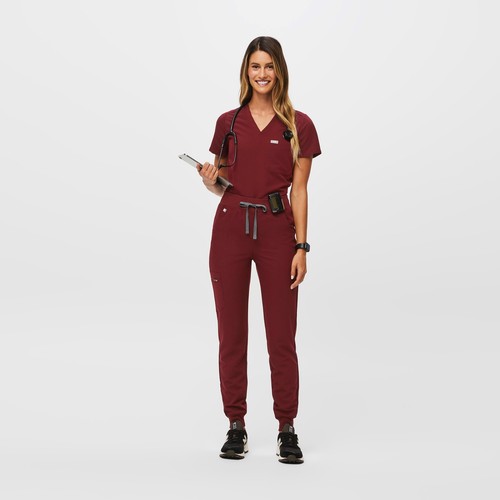 FIGS Zamora Jogger Pants Womens SP Burgundy Pockets Drawstring Elastic Waist - Picture 10 of 14