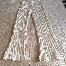 H M Women's Trousers UK 12 Cream Crinkle Satin Pull On Elasticated Waist Summer
