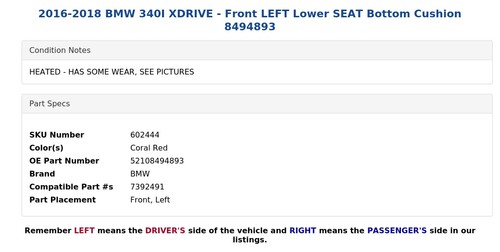 2016-2018 BMW 340I XDRIVE - Front LEFT Lower SEAT Bottom Cushion 8494893 - Picture 8 of 9