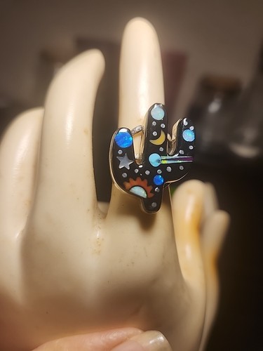 STERLING SILVER NATIVE AMERICAN SIGNED SW INLAID GALAXY CACTUS RING SZ 6.5 .925 - Picture 2 of 6