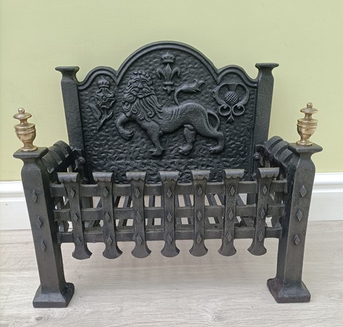 Antique Reclaimed Victorian cast iron fire basket grate with Lion, Rose Thistle