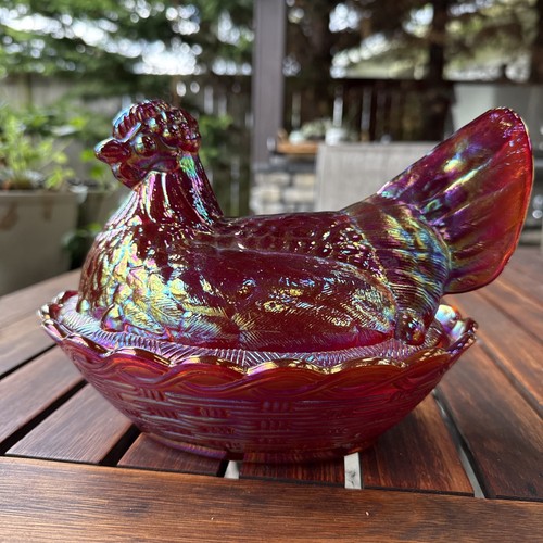 Rare Fenton Ruby Red Carnival Glass Hen On A Nest 8” Iridescent Cranberry Color - Picture 15 of 21