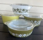 Pyrex Spring Blossom Crazy Daisy Green Lime Casserole Set 4 Lids 471,472,473 x2