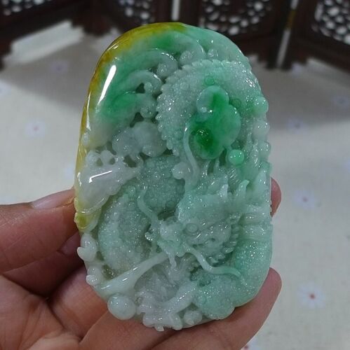 Cert'd Vintage Natural A Yellow Green Jadeite Jade Big Dragon Phoenix Pendant 34 - Picture 3 of 7