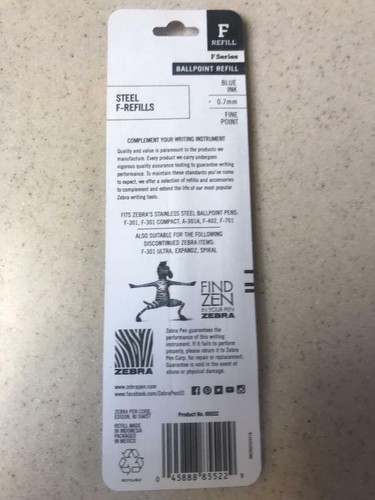 4 RECARGAS PARA BOLÍGRAFOS ZEBRA F-301, F-402, F-701 TINTA AZUL PUNTO FINO - Imagen 2 de 2