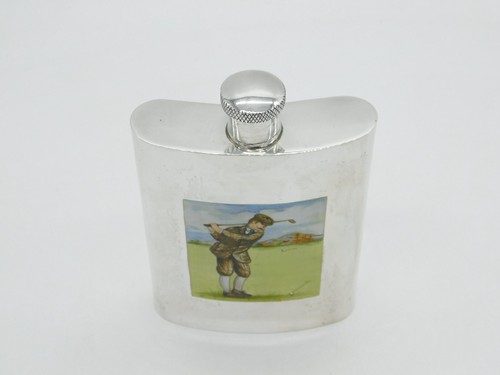 Sterling Silver & Enamel Golfing Scene Hip Flask Antique c1920 Art Deco - 第 3/6 張圖片
