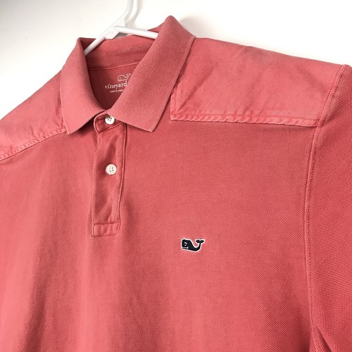 Vineyard Vines Men Polo Shirt Large Pink Coral Yoked Shoulder Cotton Knit Preppy