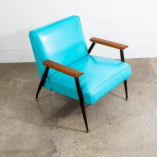 Mid Century Modern Lounge Chairs Pair Blue Aqua Oak Wood Vintage American Set NM - Picture 10 of 12