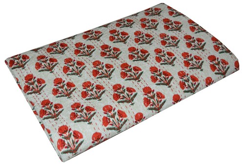 Queen Kantha Quilt Hand Block Print 100%Cotton Blanket Throw Floral Bedding - Picture 3 of 5