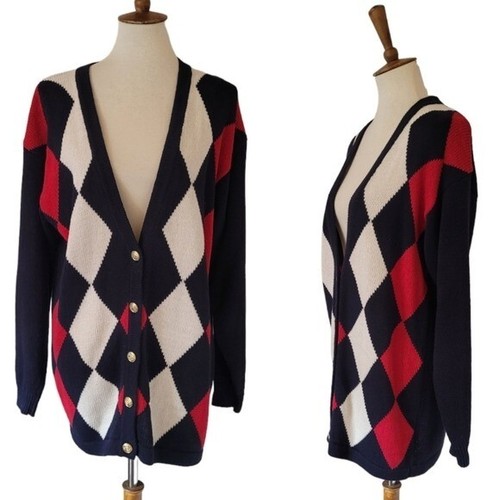 80's Casual Corner Navy Red Cream Argyle Ramie Cotton Cardigan