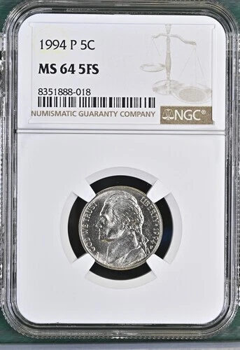 1994-P Jefferson nickel graded by NGC MS64 5FS