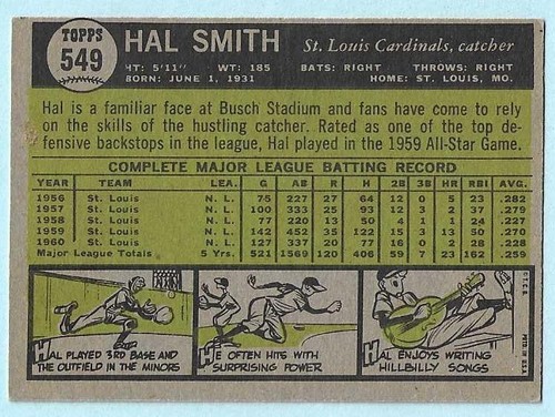 1961 Topps #549 Hal Smith St. Louis Cardinals Near Mint COMPLETE SETBREAK - Imagen 2 de 2