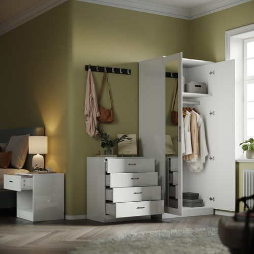 White 2 Door High Gloss Wardrobe Bedroom Furniture Storage with Hanging Rail - Picture 10 of 13