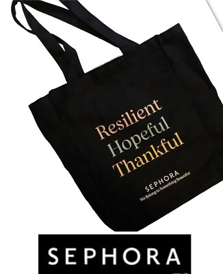 Sephora Black Cloth Tote Bag Resilient Hopeful Thankful Shopping Canvas Reusable