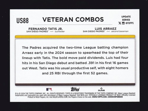 Serie Actualización Topps 2024 #US88 FERNANDO TATIS JR. & LUIS ARRAEZ Combo AMARILLO - Imagen 2 de 2