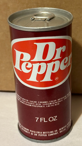 Vintage Dr. Pepper Stahl aufklappbar 7oz Dose flache Zuglasche oben *von unten entleert* - Bild 2 von 9