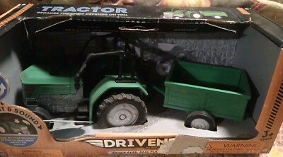 Green Driven Farm Tractor With Trailer Lights & Sound Toy Car Vehicle In Box