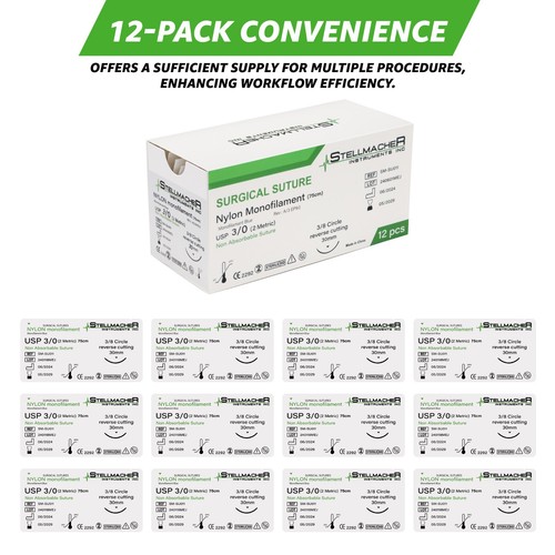 3/0 Suture Nylon Practice Sutures Thread Sterile Threads & Needles 12 Pcs - Picture 2 of 5