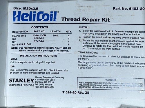 HELICOIL 5403-20 Metric Master Thread Repair Kit Tanged Tang Style M20x2.5 - Picture 4 of 4