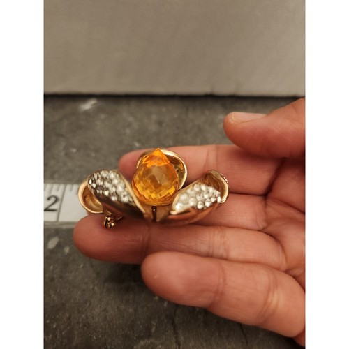 Joan Rivers Dogwood Flower Brooch Amber Rhinestone Gold Tone Mogul Blossom Pin - Picture 2 of 6