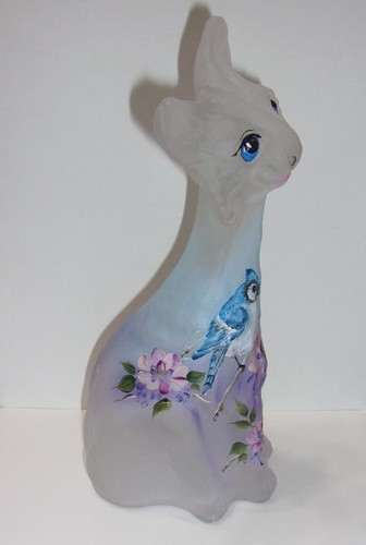 Fenton Glass Crystal Satin Blue Jay Bird Alley Cat Figurine Ltd Ed #14/38 Kibbe - Picture 3 of 8