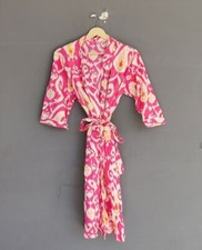 Indian Pink Ikat Printed Cotton Robe Long Kimono Sleepwear Night Kimono Robes US